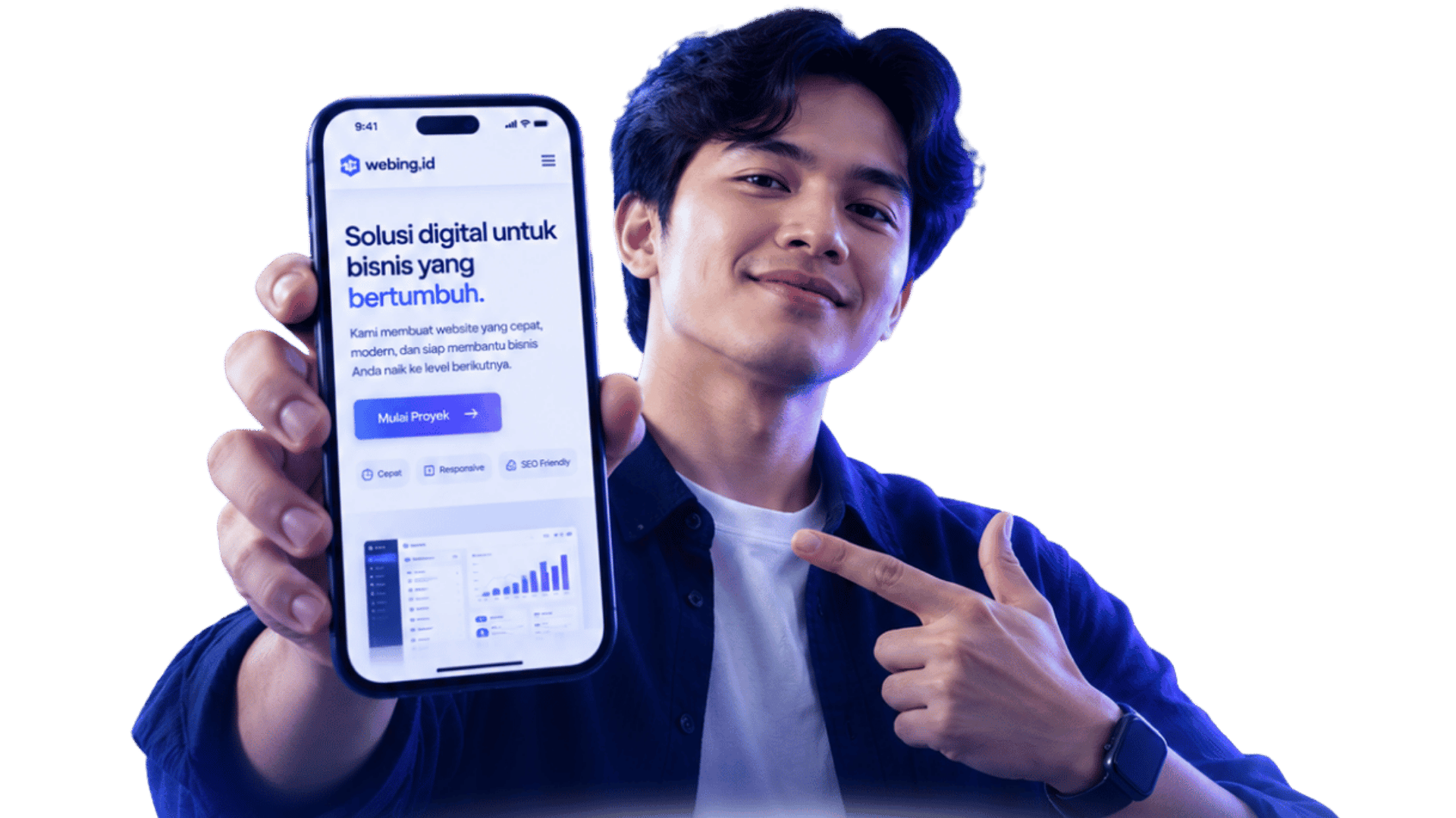 Website Webing ditampilkan pada ponsel oleh seorang profesional Indonesia